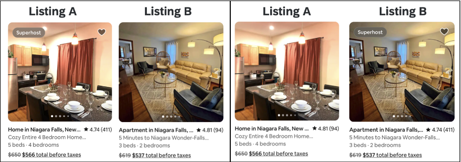 Images of Airbnb listings, one being superhost, the other having higher ratings.